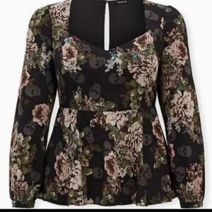 Nwt 1x Torrid Black Floral Skull Peplum Sweetheart Blouse